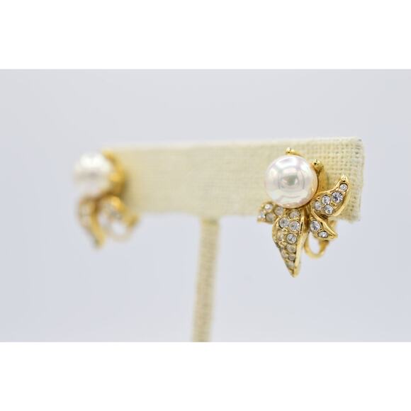 Atwood & Sawyer Vintage Clip Earrings Pearl Flower Crystal Gold A&S Signed BinZ - Picture 2 of 10